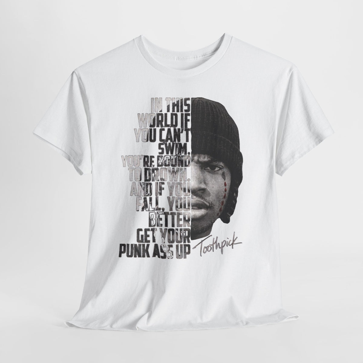 Toothpick Graphic Tee — Bold Half-Face Portrait with Motivational Quote