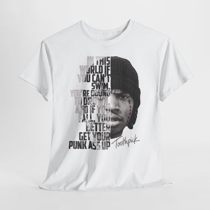Toothpick Graphic Tee — Bold Half-Face Portrait with Motivational Quote