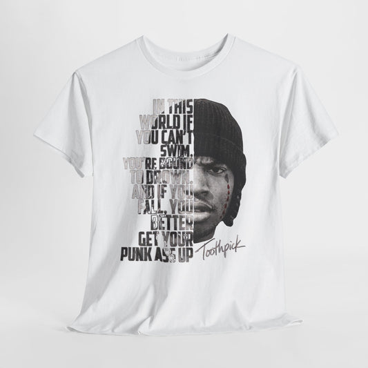 Toothpick Graphic Tee — Bold Half-Face Portrait with Motivational Quote