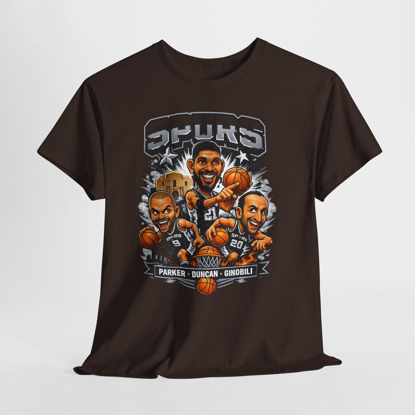 Spurs Legends T-Shirt — Parker, Duncan & Ginobili Cartoon Basketball Tee
