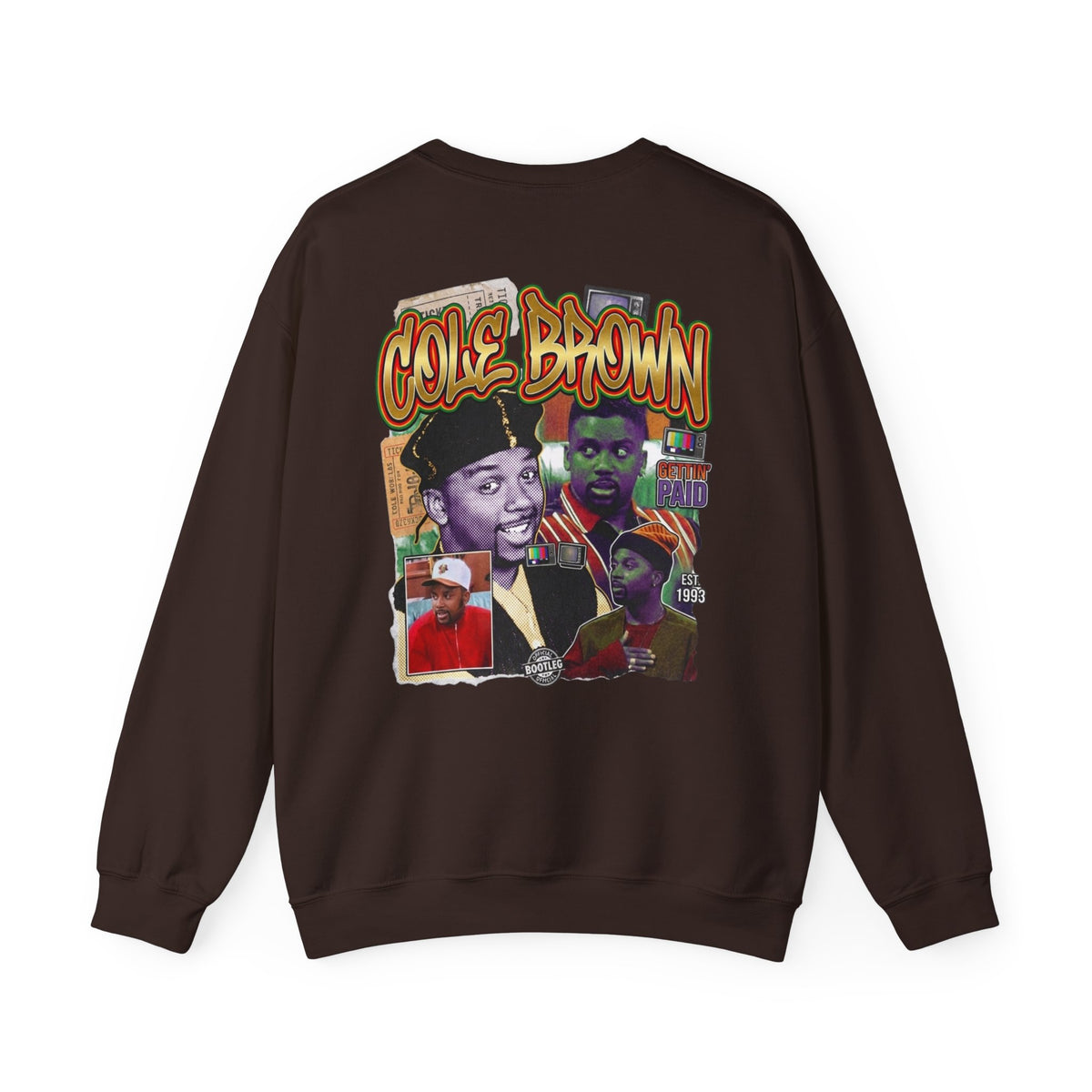 Cole Brown Graphic Sweatshirt — Retro Hip-Hop Collage Crewneck