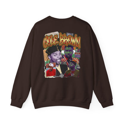 Cole Brown Graphic Sweatshirt — Retro Hip-Hop Collage Crewneck