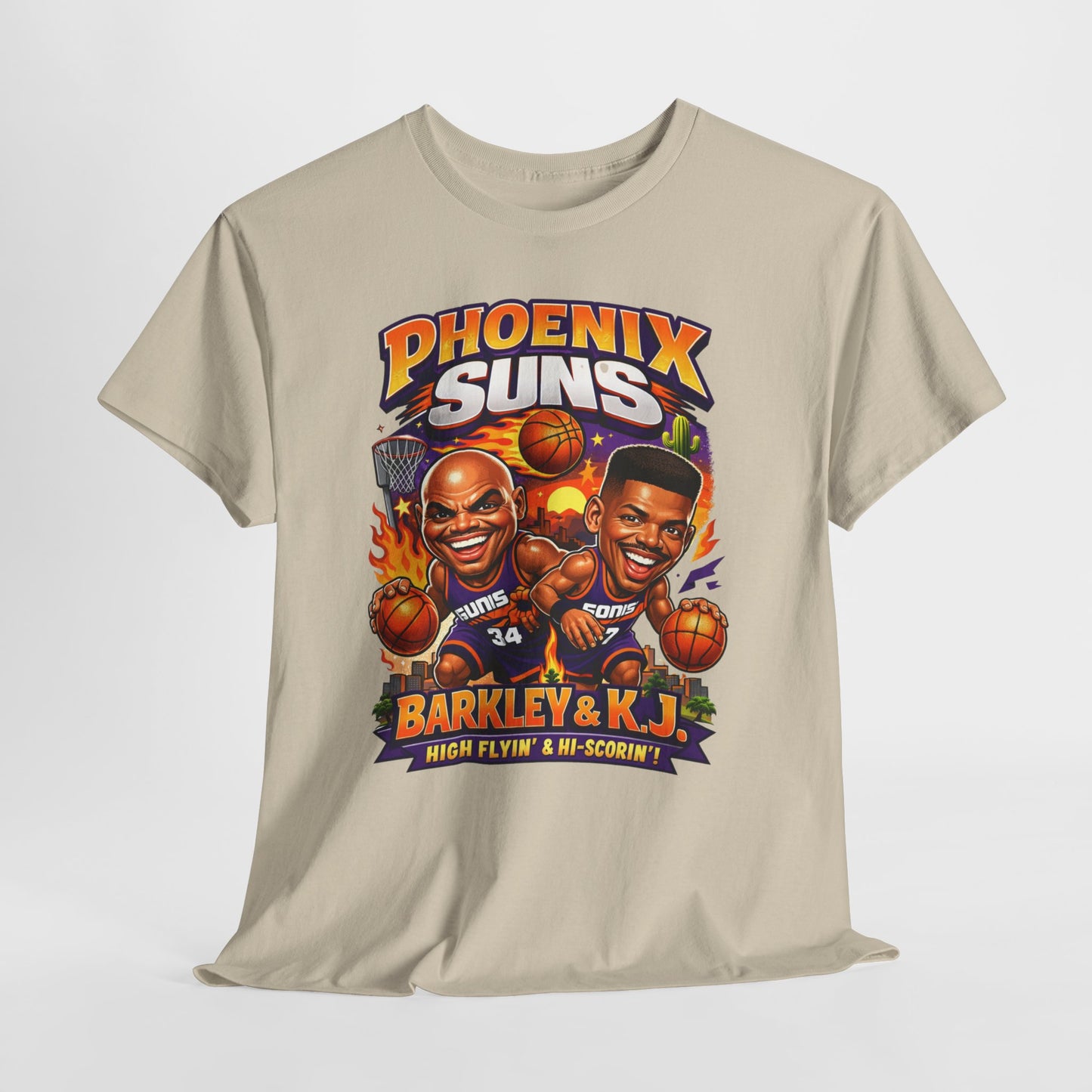 Phoenix Suns Barkley & K.J. Graphic Tee — Retro Basketball Cartoon Shirt