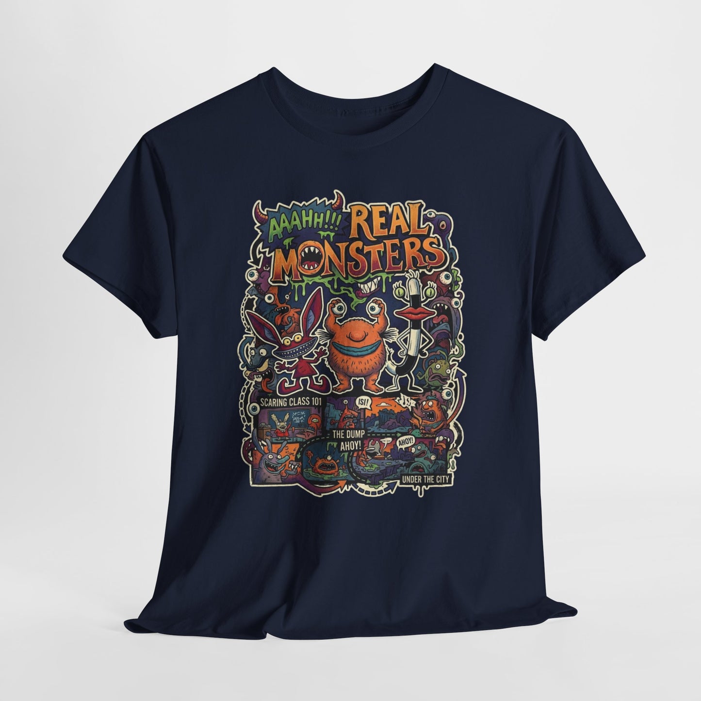 Retro 'Real Monsters' Graphic Tee — Vintage Cartoon Monster Illustration Shirt
