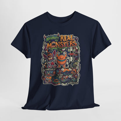 Retro 'Real Monsters' Graphic Tee — Vintage Cartoon Monster Illustration Shirt