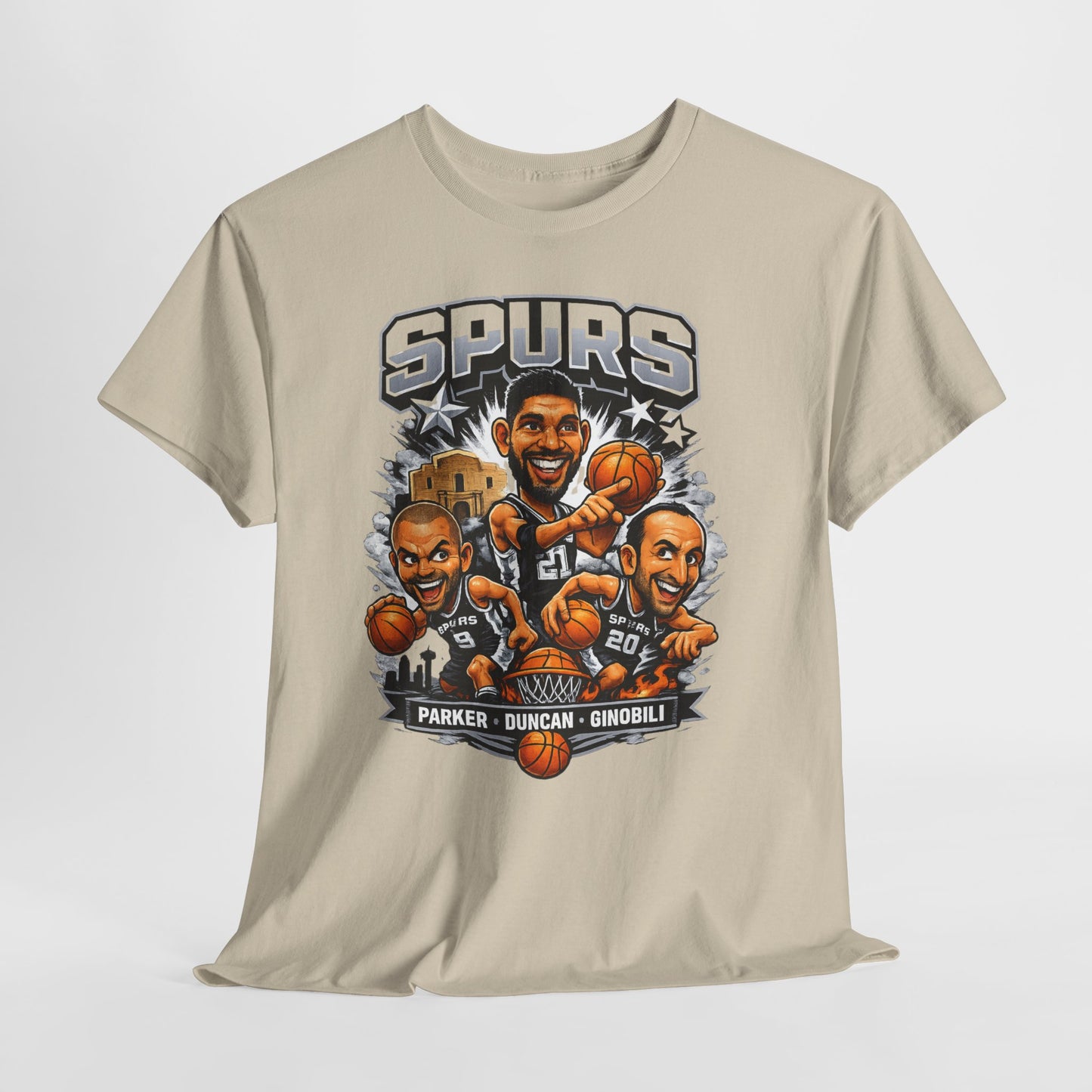 Spurs Legends T-Shirt — Parker, Duncan & Ginobili Cartoon Basketball Tee