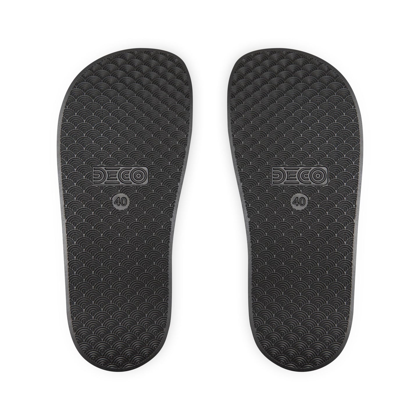 Slide Sandals — Black Strap with Gold "Empire" Script | Men's Casual Pool & Beach Slides