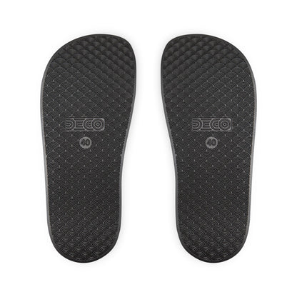Slide Sandals — Black Strap with Gold "Empire" Script | Men's Casual Pool & Beach Slides