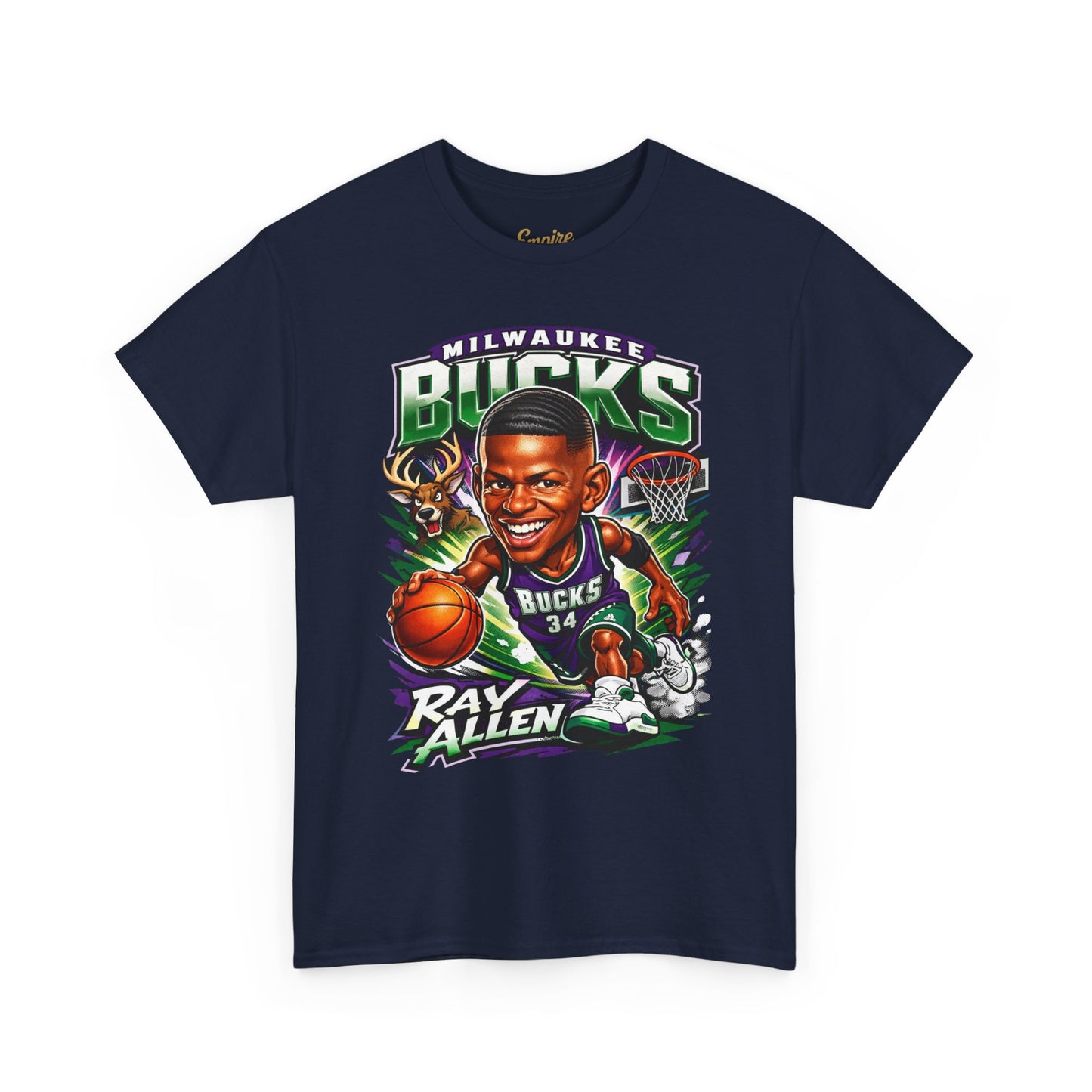 Milwaukee Bucks Retro Player Cartoon Tee — 'Ray Allen' Basketball Graphic T-Shirt