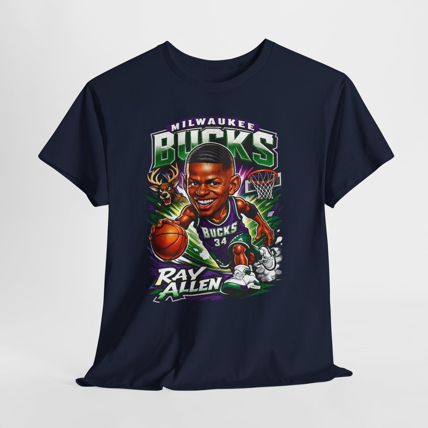 Milwaukee Bucks Retro Player Cartoon Tee — 'Ray Allen' Basketball Graphic T-Shirt