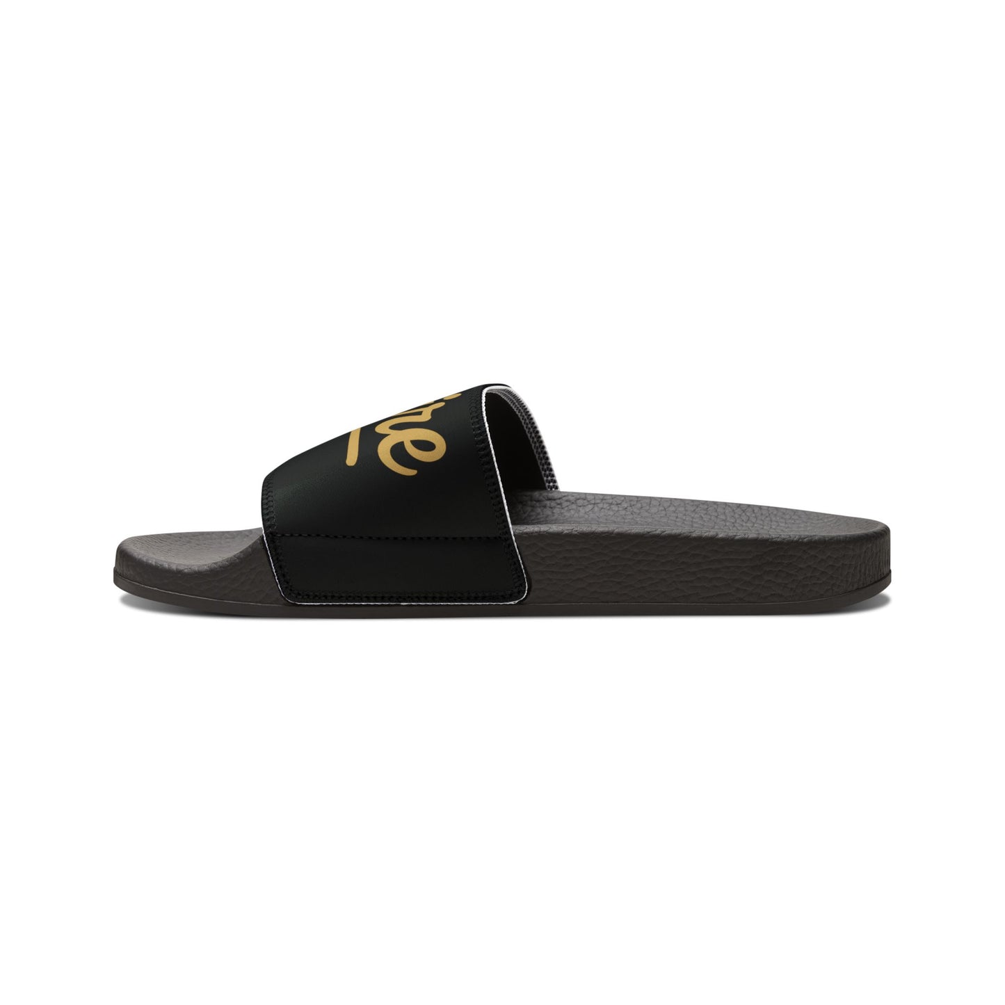 Slide Sandals — Black Strap with Gold "Empire" Script | Men's Casual Pool & Beach Slides
