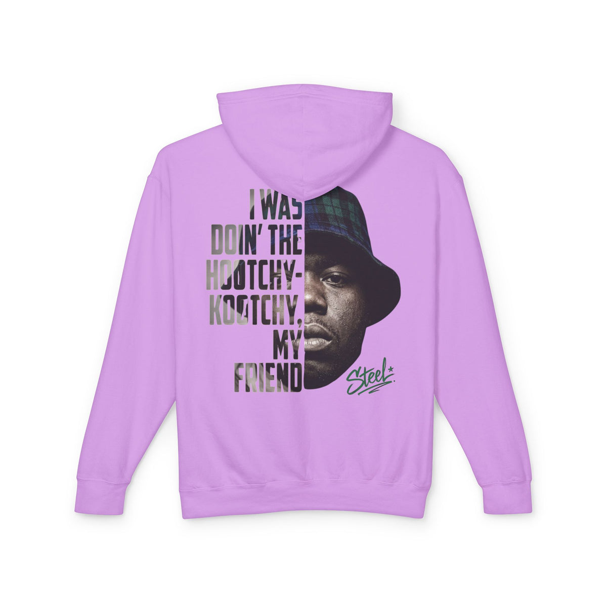 Steel "Juice" Graphic Hoodie — "I Was Doin' the Hootchy-Kootchy, My Friend" Vintage Movie Portrait