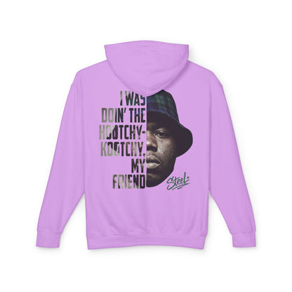 Steel "Juice" Graphic Hoodie — "I Was Doin' the Hootchy-Kootchy, My Friend" Vintage Movie Portrait