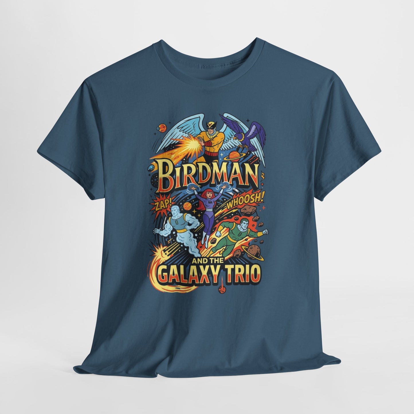 Birdman & The Galaxy Trio Tee — Retro Comic Superhero Graphic T-Shirt