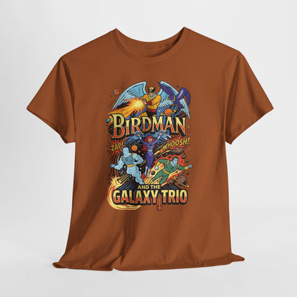Birdman & The Galaxy Trio Tee — Retro Comic Superhero Graphic T-Shirt