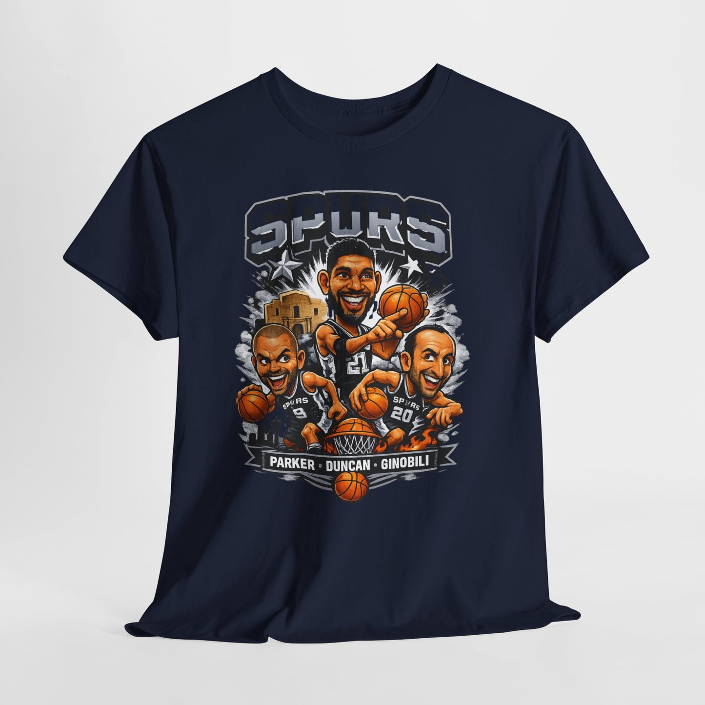 Spurs Legends T-Shirt — Parker, Duncan & Ginobili Cartoon Basketball Tee