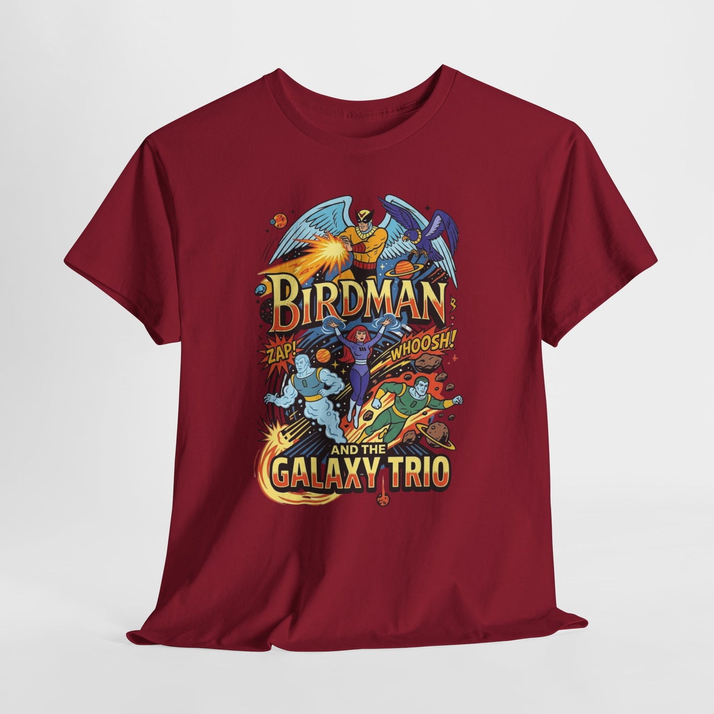 Birdman & The Galaxy Trio Tee — Retro Comic Superhero Graphic T-Shirt