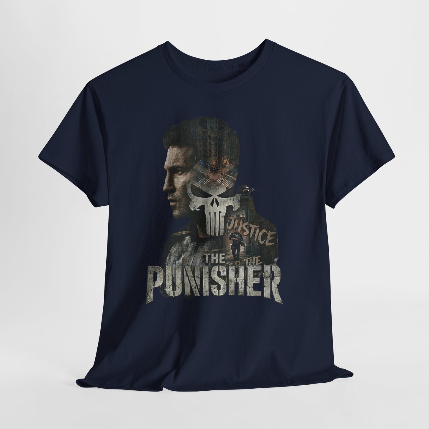 The Punisher Graphic Tee — Skull Justice Double Exposure T‑Shirt