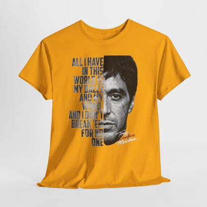 Tony Montana 'Scarface' Graphic Tee — Bold Quote Face Design