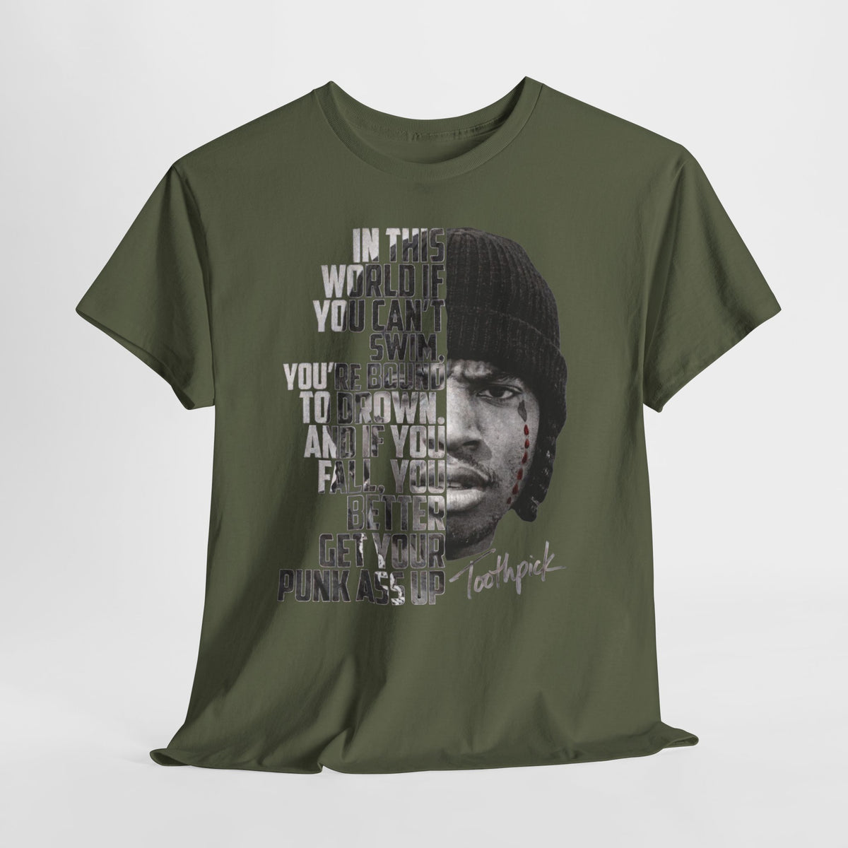 Toothpick Graphic Tee — Bold Half-Face Portrait with Motivational Quote