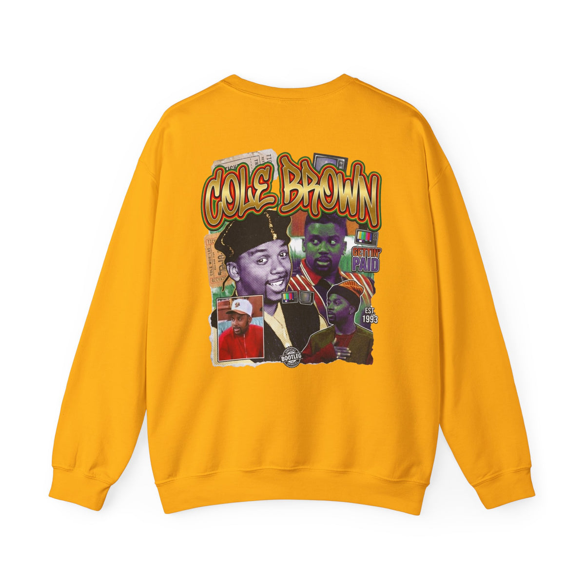 Cole Brown Graphic Sweatshirt — Retro Hip-Hop Collage Crewneck
