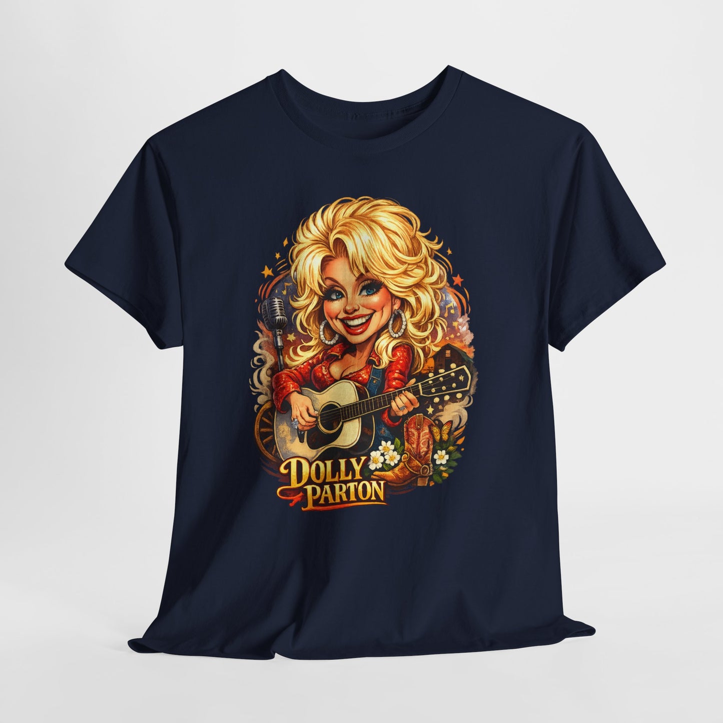 Dolly Parton Caricature Graphic Tee – Guitar Country Music Fan Shirt