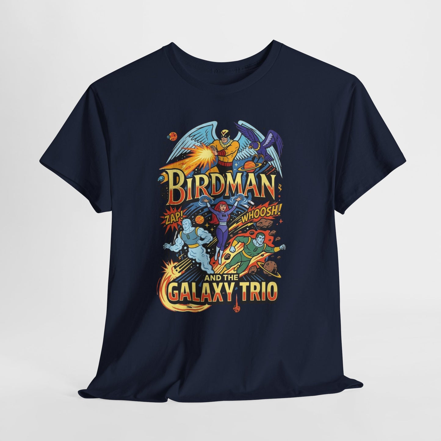 Birdman & The Galaxy Trio Tee — Retro Comic Superhero Graphic T-Shirt