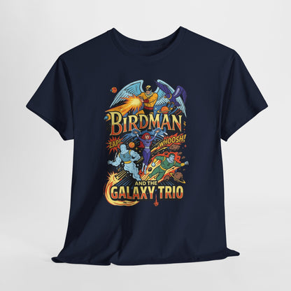 Birdman & The Galaxy Trio Tee — Retro Comic Superhero Graphic T-Shirt