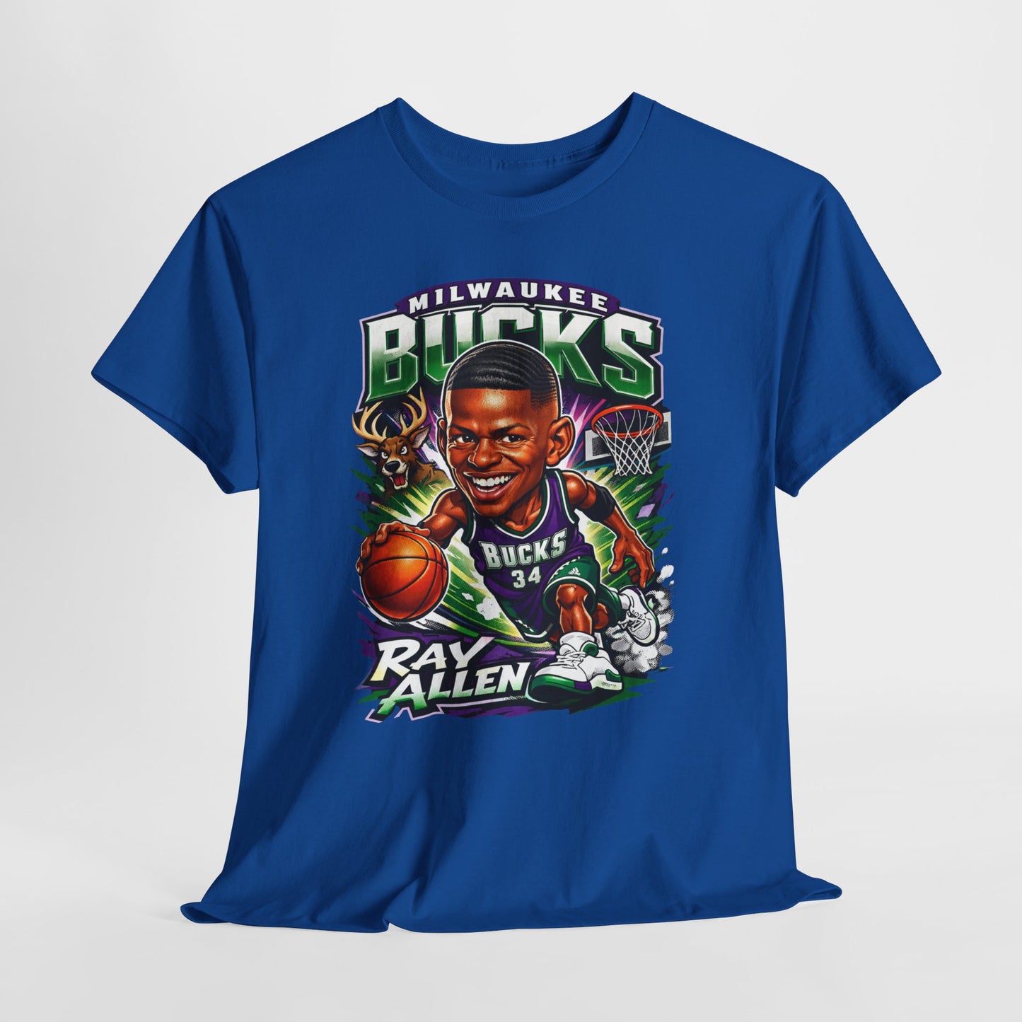 Milwaukee Bucks Retro Player Cartoon Tee — 'Ray Allen' Basketball Graphic T-Shirt
