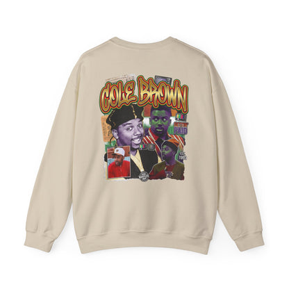 Cole Brown Graphic Sweatshirt — Retro Hip-Hop Collage Crewneck