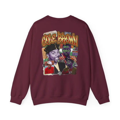 Cole Brown Graphic Sweatshirt — Retro Hip-Hop Collage Crewneck