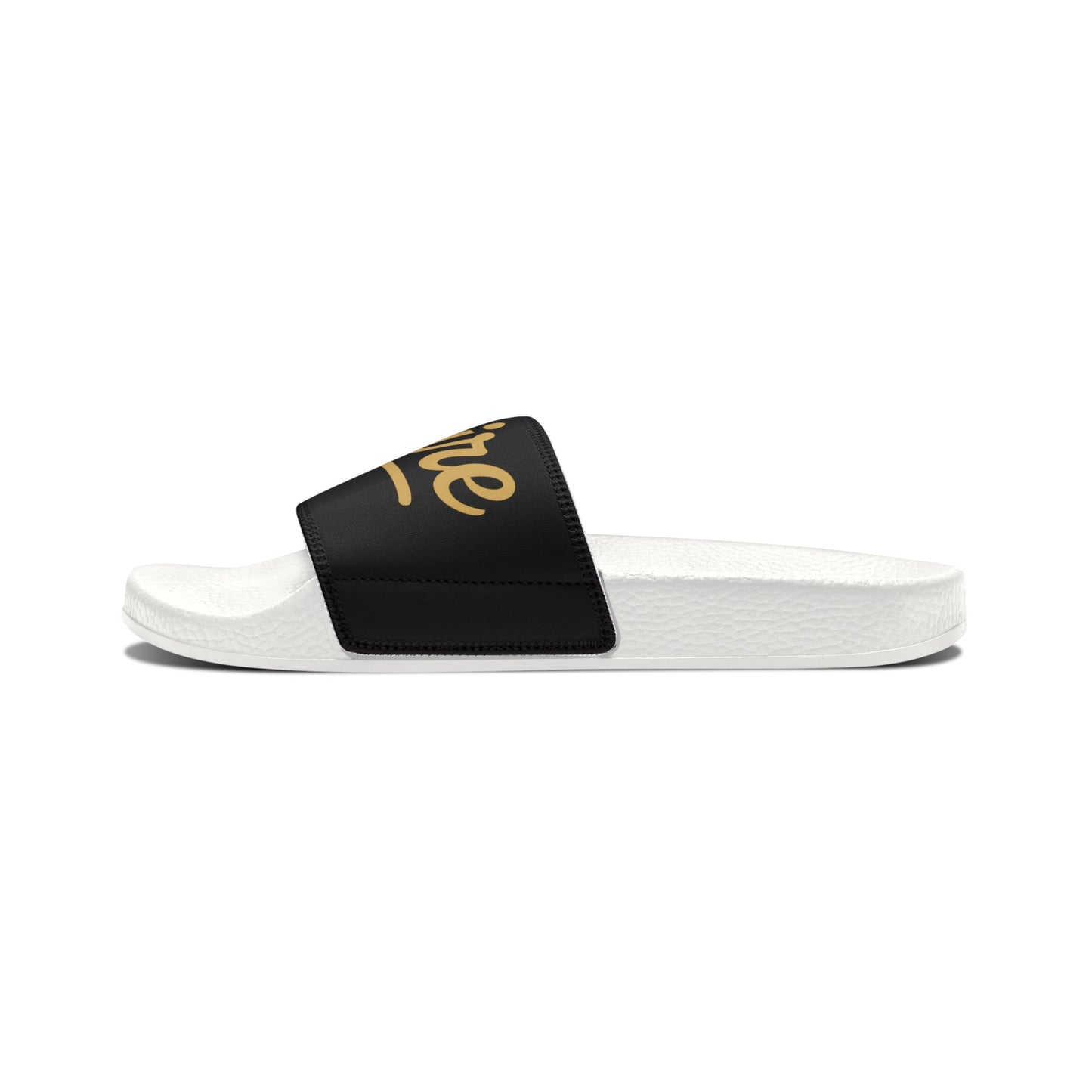 Slide Sandals — Black Strap with Gold "Empire" Script | Men's Casual Pool & Beach Slides
