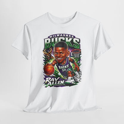 Milwaukee Bucks Retro Player Cartoon Tee — 'Ray Allen' Basketball Graphic T-Shirt