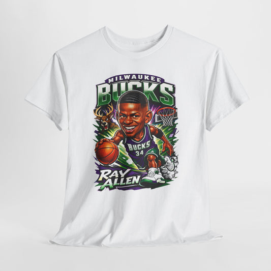 Milwaukee Bucks Retro Player Cartoon Tee — 'Ray Allen' Basketball Graphic T-Shirt
