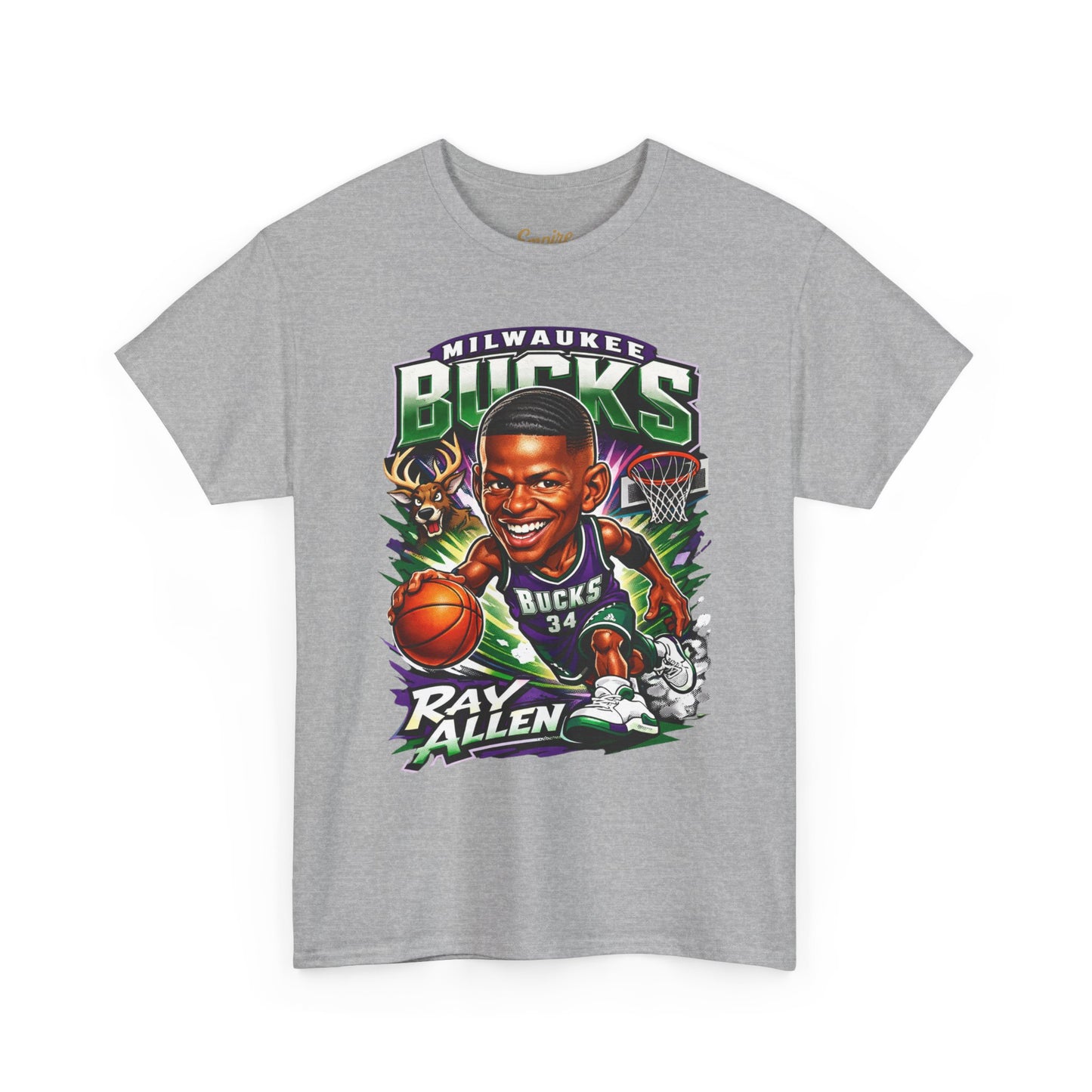 Milwaukee Bucks Retro Player Cartoon Tee — 'Ray Allen' Basketball Graphic T-Shirt