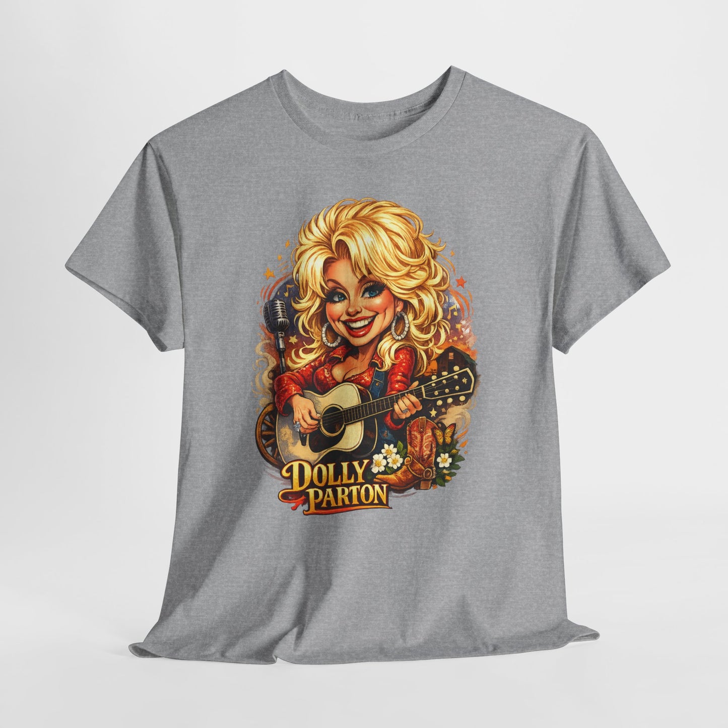 Dolly Parton Caricature Graphic Tee – Guitar Country Music Fan Shirt