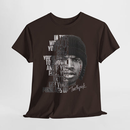 Toothpick Graphic Tee — Bold Half-Face Portrait with Motivational Quote