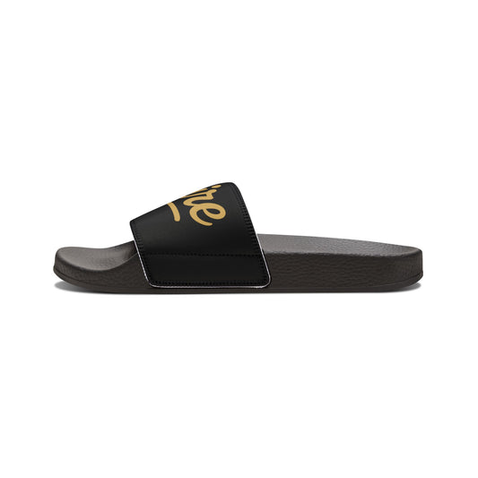 Slide Sandals — Black Strap with Gold "Empire" Script | Men's Casual Pool & Beach Slides