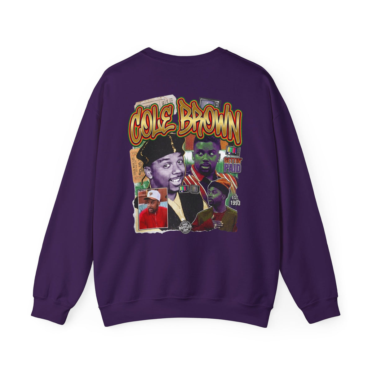 Cole Brown Graphic Sweatshirt — Retro Hip-Hop Collage Crewneck