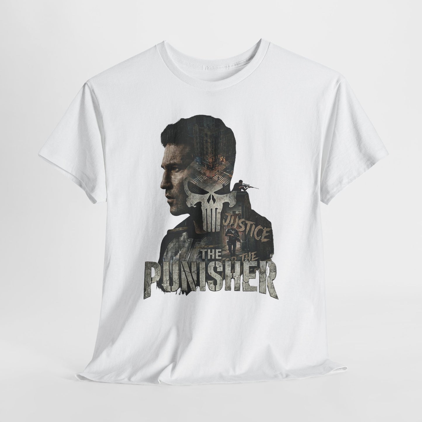 The Punisher Graphic Tee — Skull Justice Double Exposure T‑Shirt
