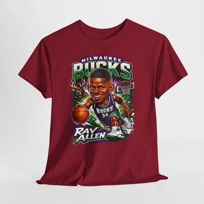 Milwaukee Bucks Retro Player Cartoon Tee — 'Ray Allen' Basketball Graphic T-Shirt