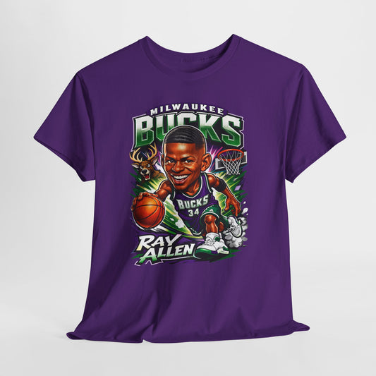 Milwaukee Bucks Retro Player Cartoon Tee — 'Ray Allen' Basketball Graphic T-Shirt