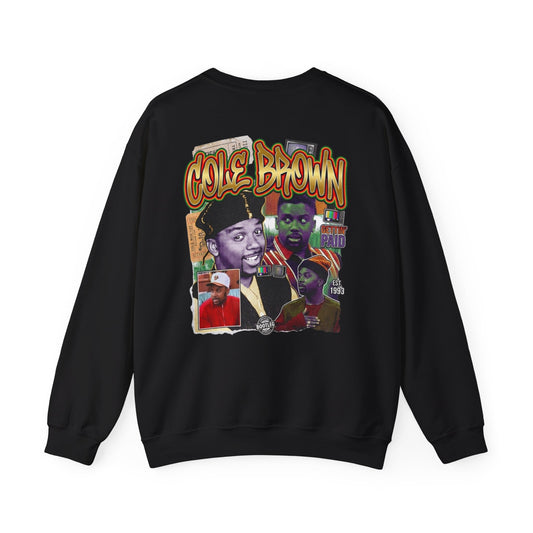 Cole Brown Graphic Sweatshirt — Retro Hip-Hop Collage Crewneck