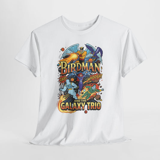Birdman & The Galaxy Trio Tee — Retro Comic Superhero Graphic T-Shirt