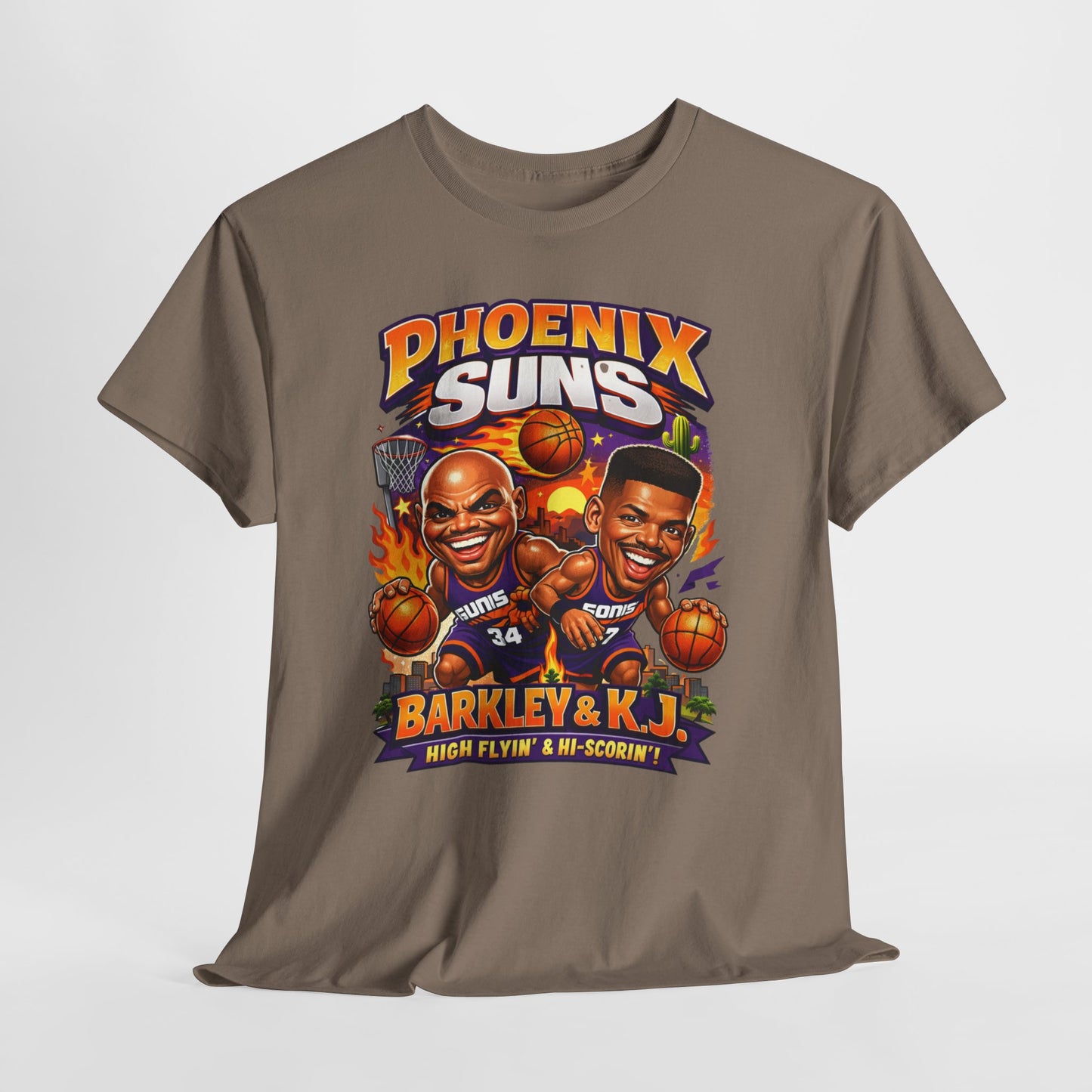Phoenix Suns Barkley & K.J. Graphic Tee — Retro Basketball Cartoon Shirt