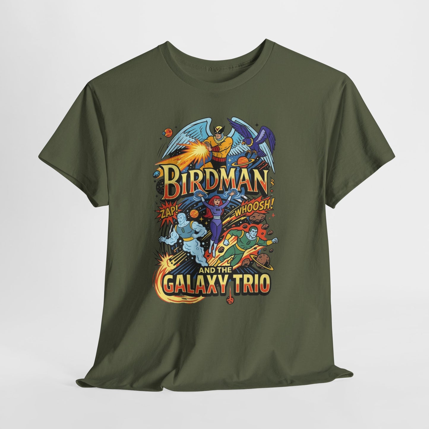 Birdman & The Galaxy Trio Tee — Retro Comic Superhero Graphic T-Shirt