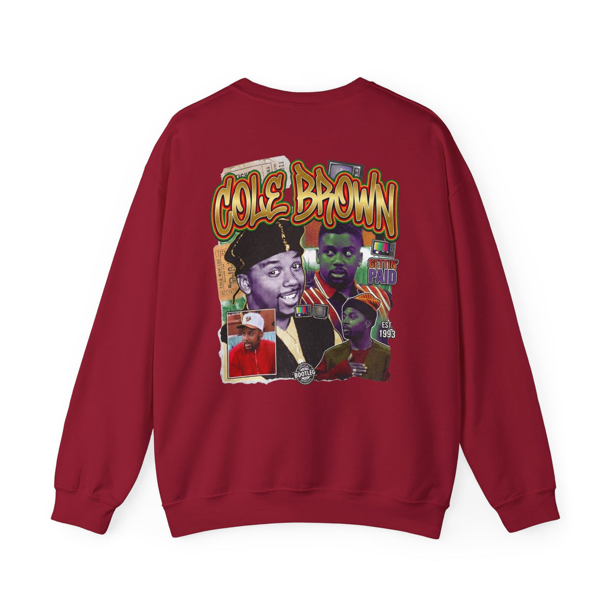 Cole Brown Graphic Sweatshirt — Retro Hip-Hop Collage Crewneck
