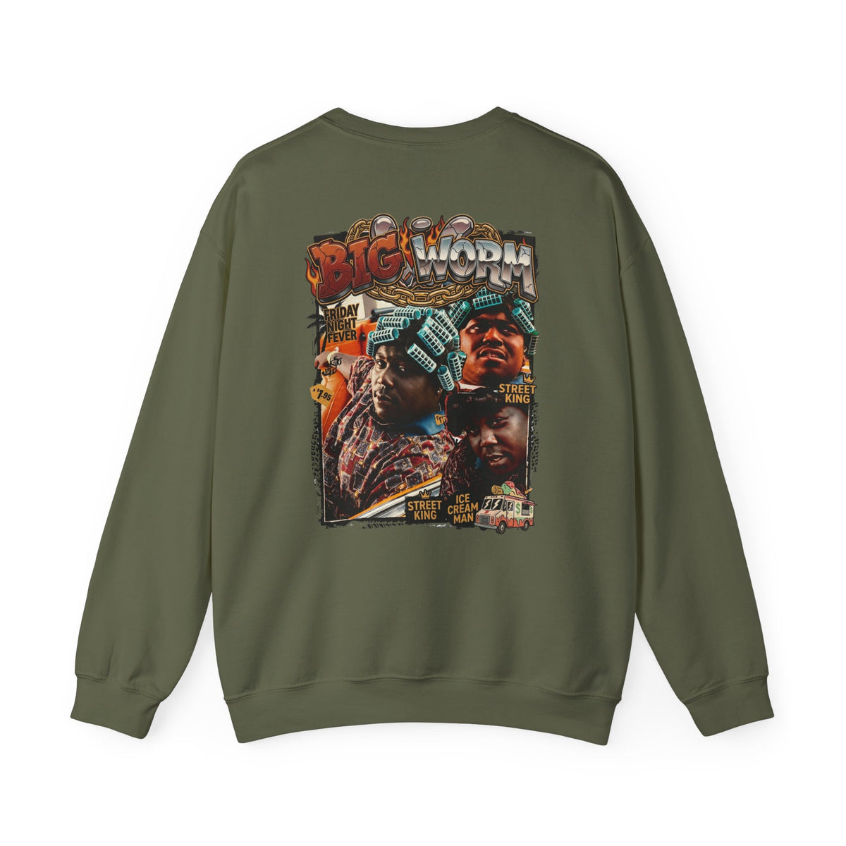 Big Worm Collage Crewneck Sweatshirt — Retro Hip‑Hop Graphic