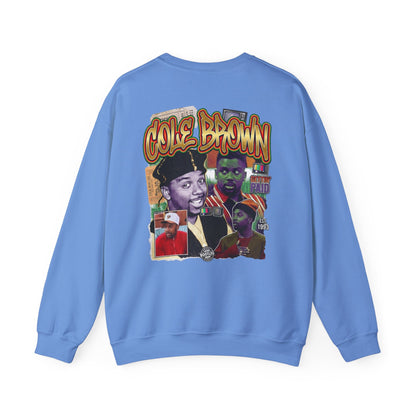 Cole Brown Graphic Sweatshirt — Retro Hip-Hop Collage Crewneck