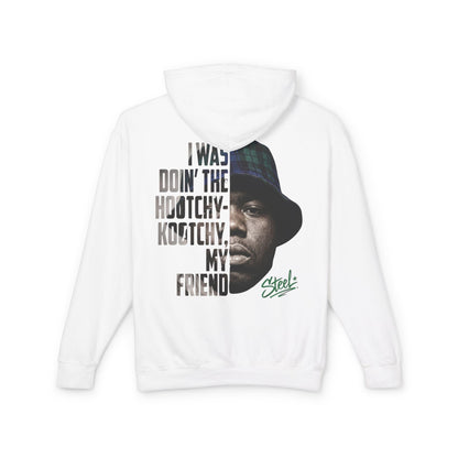 Steel "Juice" Graphic Hoodie — "I Was Doin' the Hootchy-Kootchy, My Friend" Vintage Movie Portrait